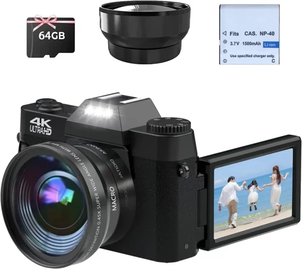 Digitalkamera 4K, 48MP Fotokamera mit 180° Flip 3.0″ Bildschirm, 16X Digitalzoom Kompaktkamera mit Weitwinkel Linse und Macro Linse, 64GB TF-Karte